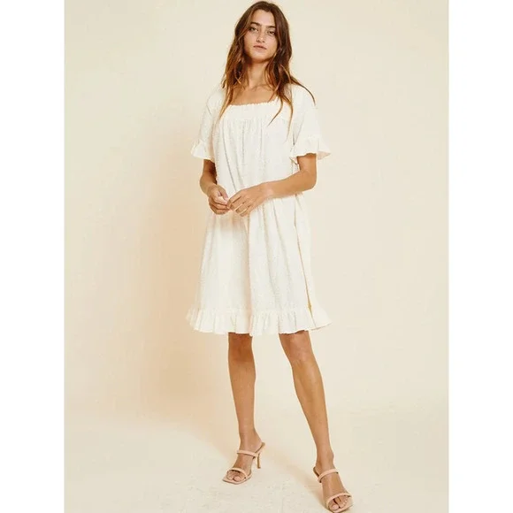 White Ivory Smocked Square Neck Ruffle Hem Dress - Picture 2 of 4